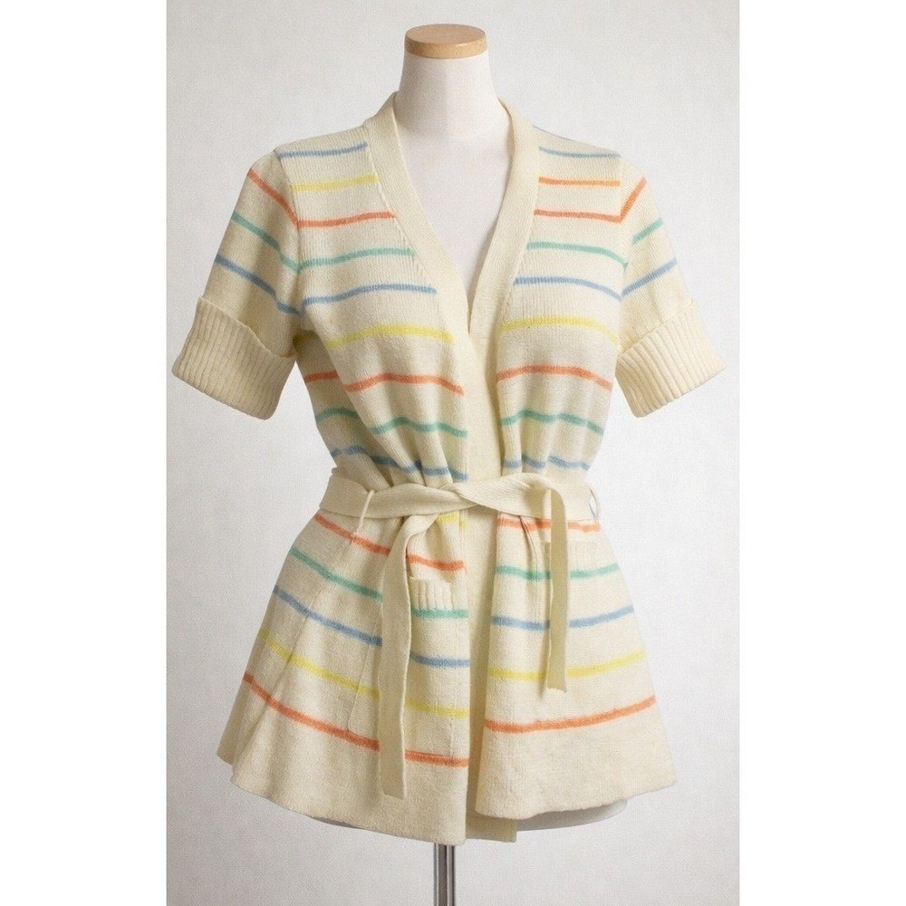 Vintage 1970s Knit Sweater Dress Belted Rainbow Stripe Short Sleeve SZ Med Retro