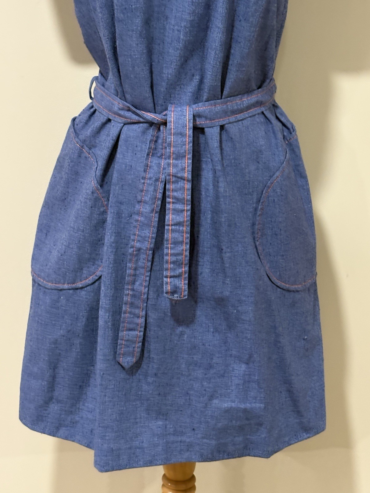 Vintage 70s Chambray Denim Mod Day Dress Mini Belted Pockets Contrast Stitch S