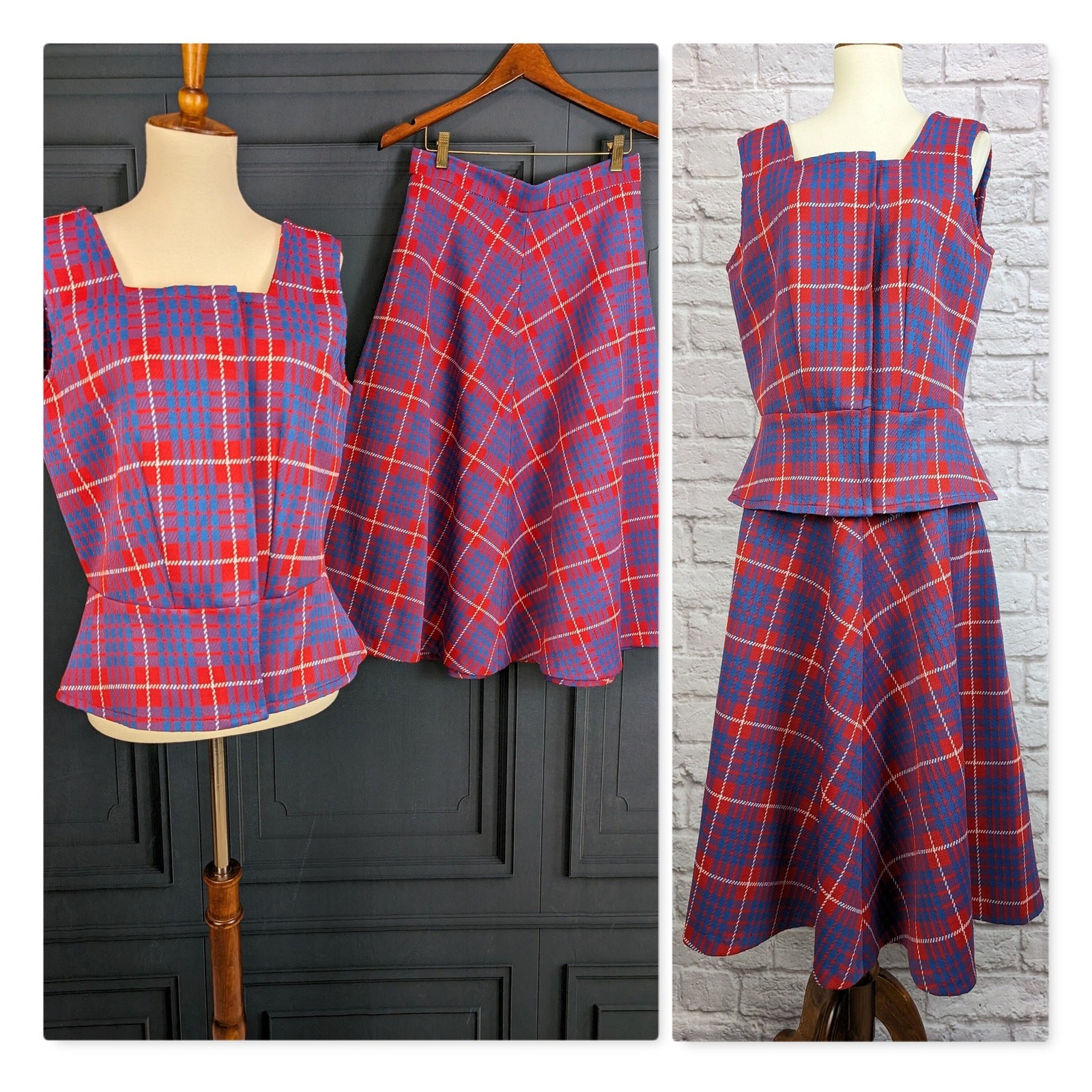 Vintage Mod 2 Piece Plaid Dress Red Blue Plaid Skirt and Vest Shirt Medium Large