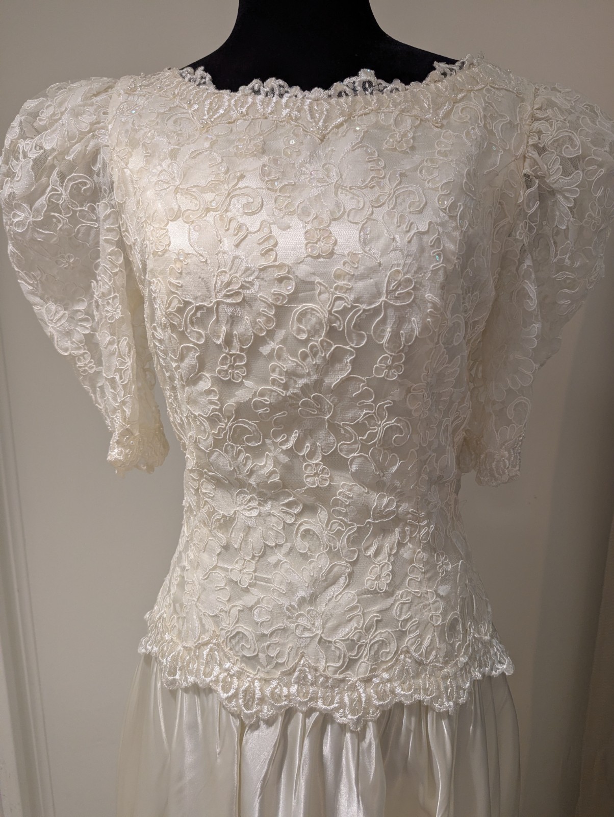 Vintage 1990s ILGWU Union Made Ivory Satin Wedding Dress Sequin Pearl Open Back