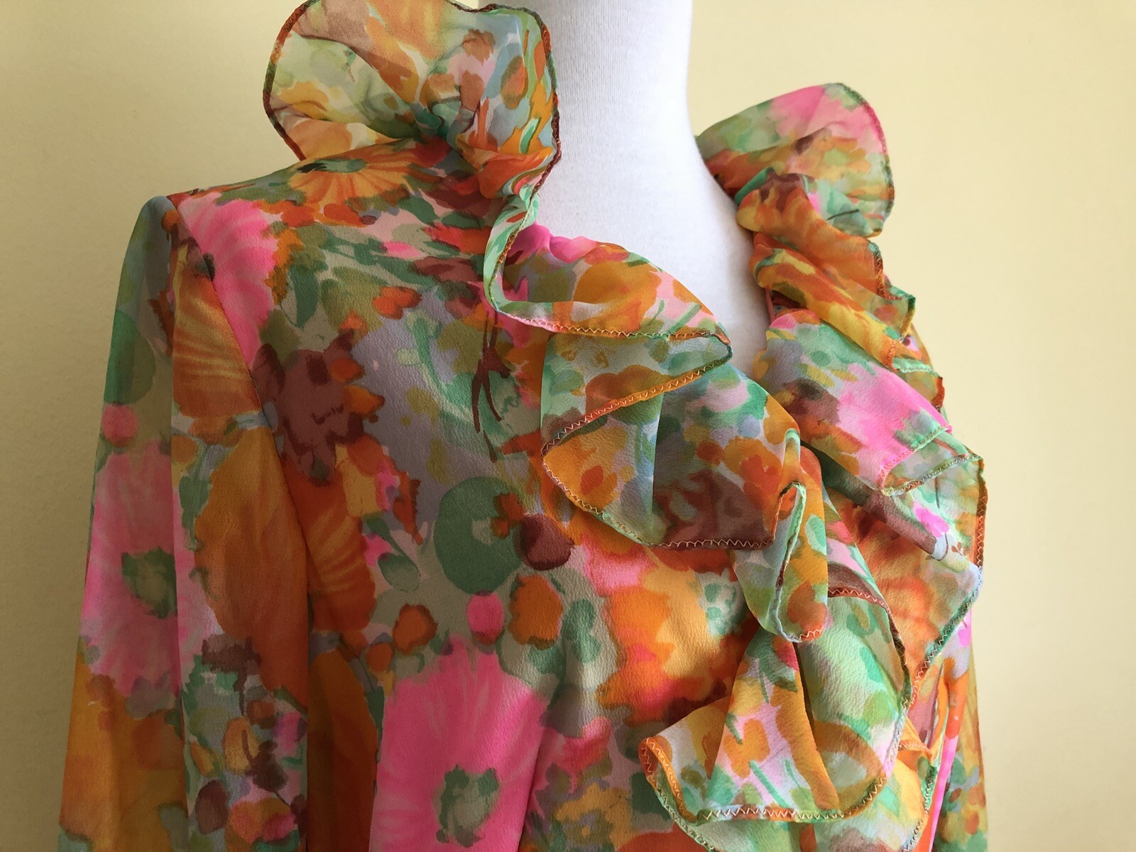 Vintage 70s Psychedelic Bright Pink Orange Floral Long Hippie Dress Sz Sm-Medium