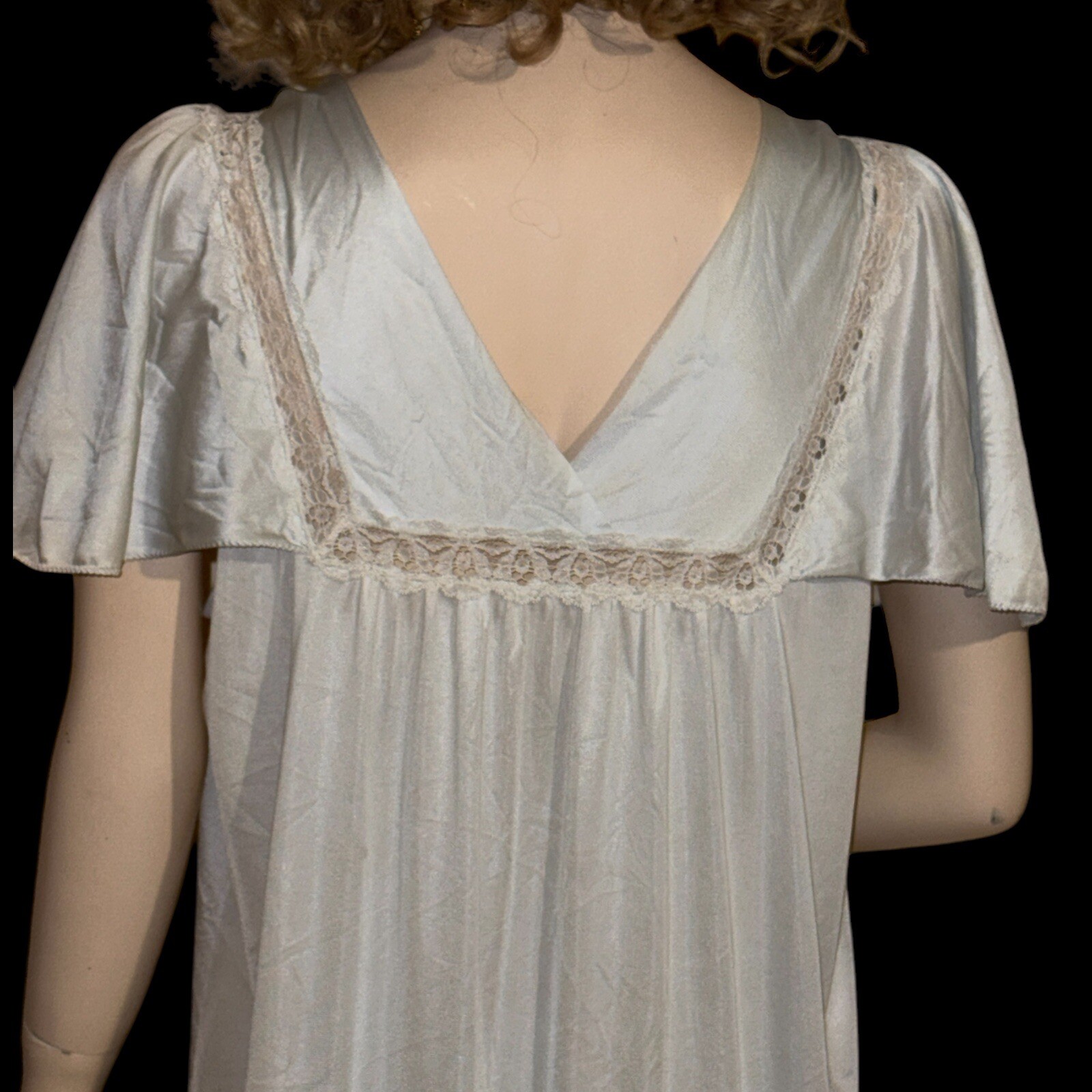 Vintage San Souci Long Lace Inset Blue Nylon Nightgown Sz M