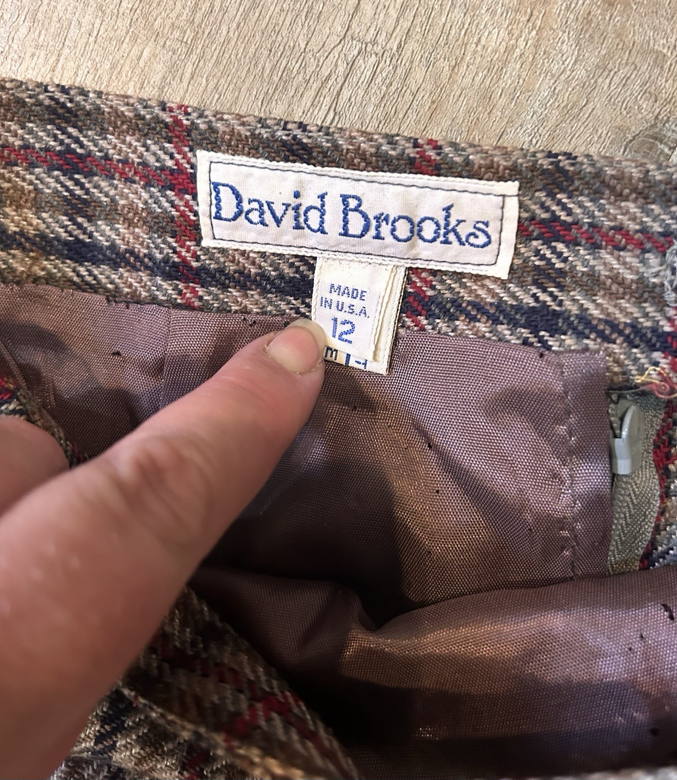 Vintage David Brooks Wool Blend Plaid Midi Skirt Button Waist Detail SZ 12