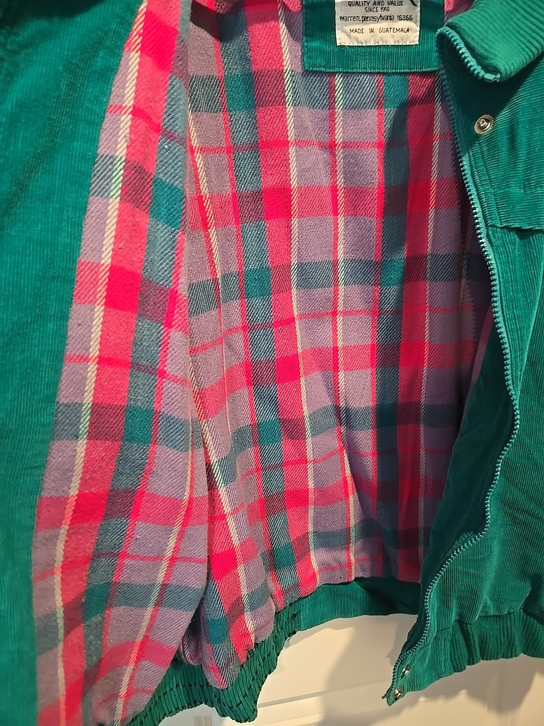 VTG Blair Green Corduroy Zip and Button Up Collared Plaid Lined Jacket Size L