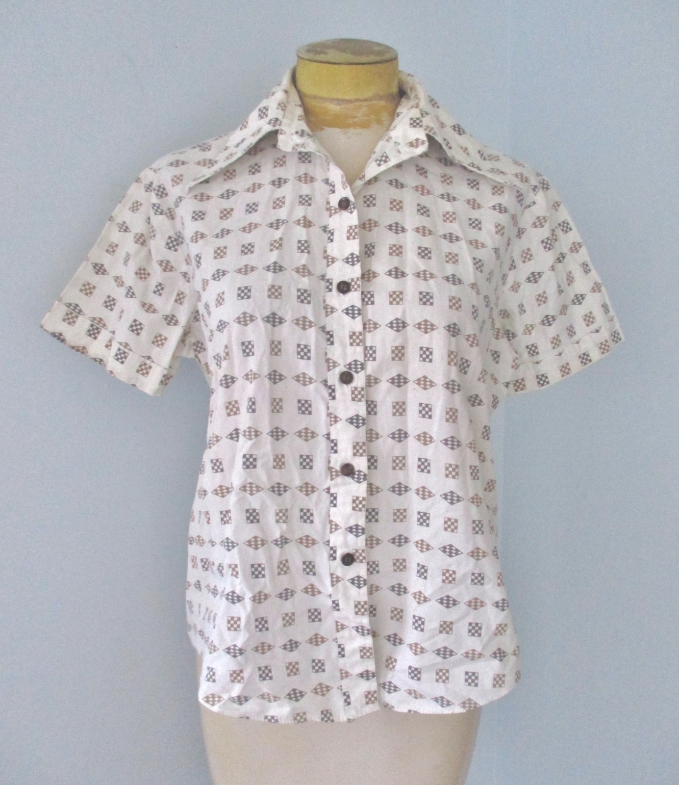 Vtg 50s 60s white button blouse top black gold diamond checkerboard print 18
