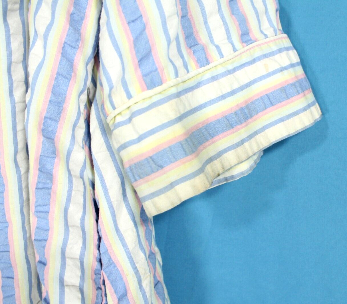 VTG SAYBURY MuuMuu SEERSUCKER Blue/Pink STRIPED Half Zip ROBE/HOUSE DRESS Sz S
