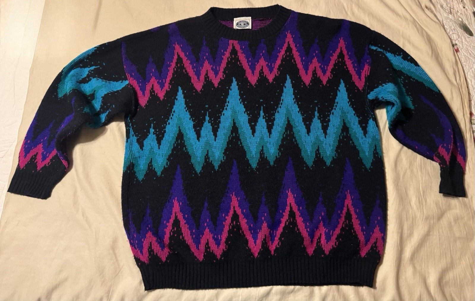 Classic Essentials 1980s Geometric Acrylic Sweater 1x Black Pink Blue Purple