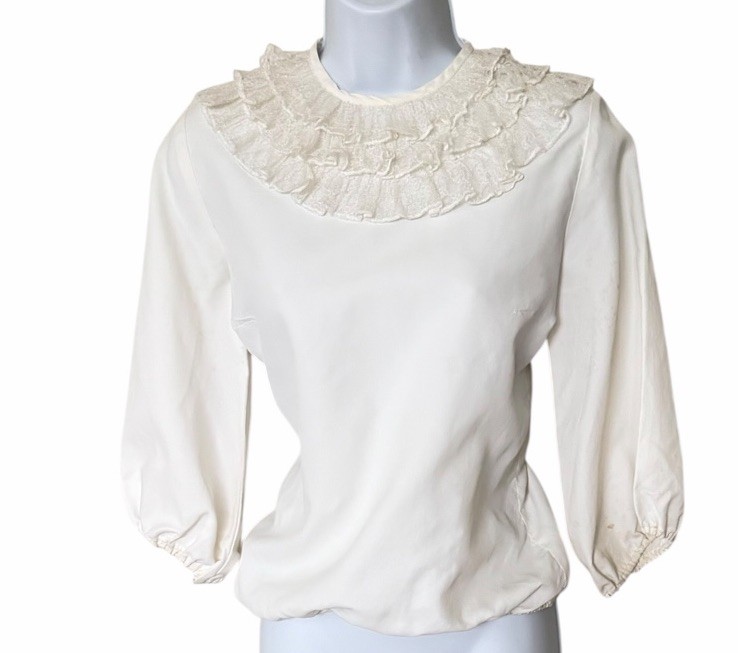 Vtg 60s Victorian Lace Neck Blouse Esta Lynn White Metal Zipper XS/S Cottage