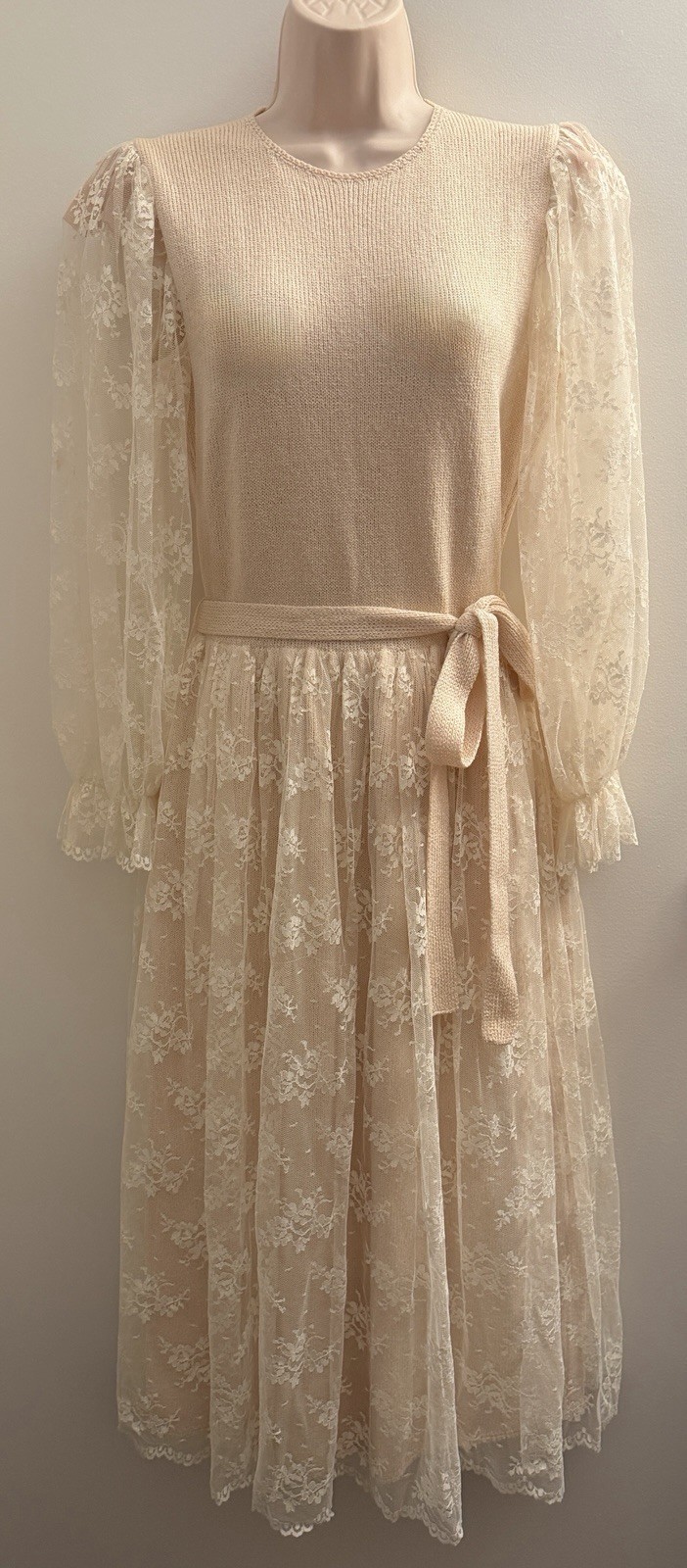 PAT SANDLER FOR WELLMORE VINTAGE PINK SANTANA KNIT IVORY LACE DRESS 8 MEDIUM M