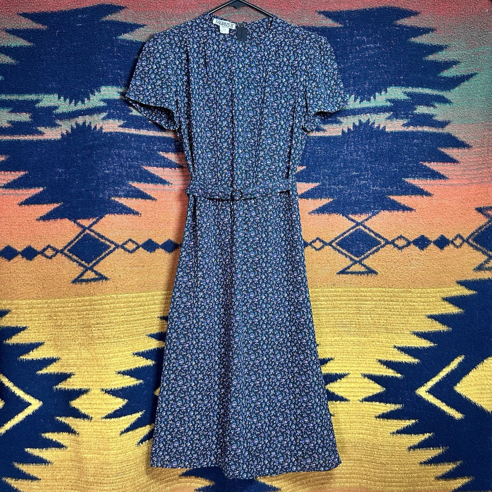 Vintage Taurus II Black With Floral Ditsy Print Midi Dress. Size 6. Cottagecore.