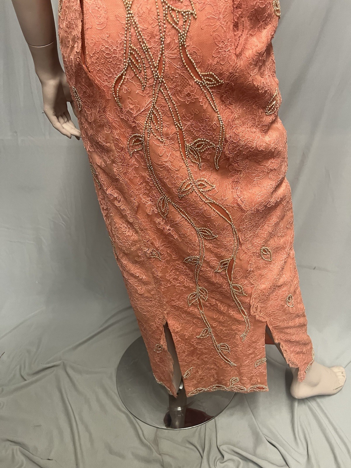 Elegant 1950’s Peach Beaded Lace Evening Gown Mory Roen Couture