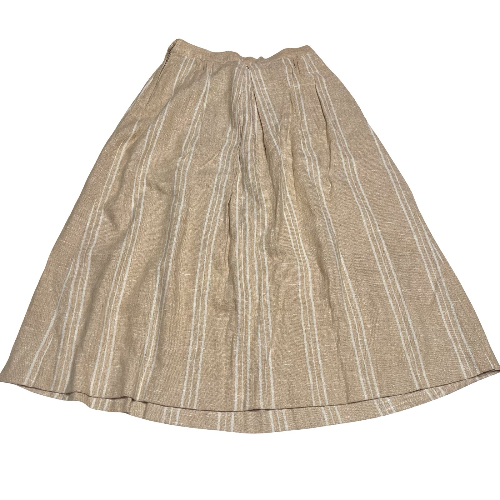 Vintage 70s Counterparts Tan & White Striped Linen Blend Tuck Pleat Skirt Sz S