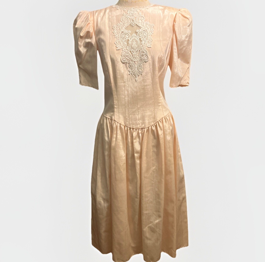 Vtg 80’s GUNNE SAX Jessica McClintock Peach Lace Peach Dress Puff Sleeve Size 10