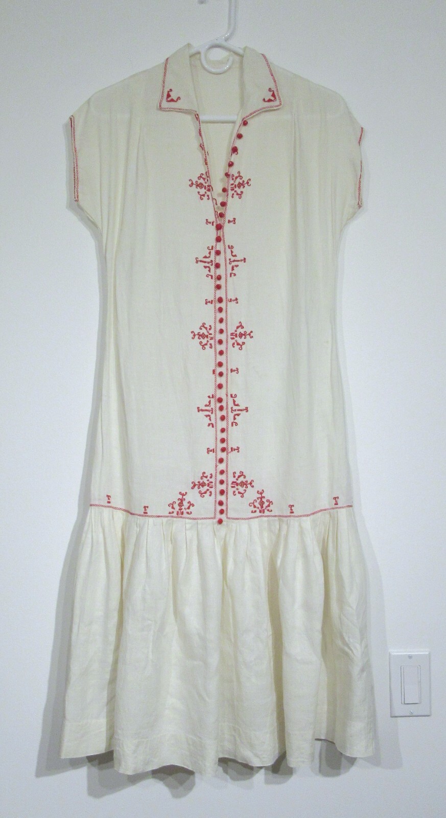 ANTIQUE VINTAGE 1920S LINEN DRESS M FOLK EMBROIDERY ART DECO DROPPED WAIST F2