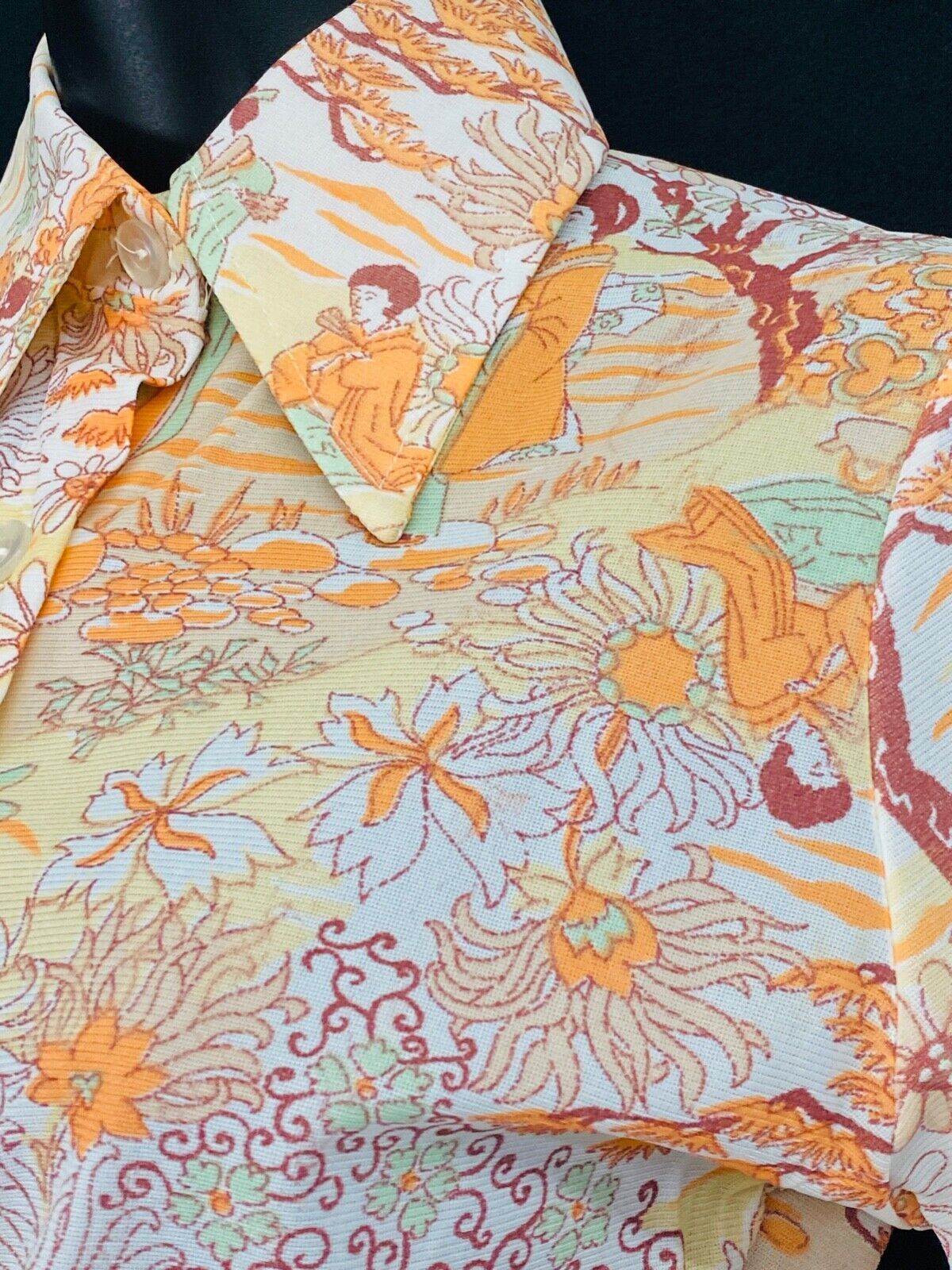 Vintage 1970s novelty print crop top geisha ladies white orange blouse tie waist