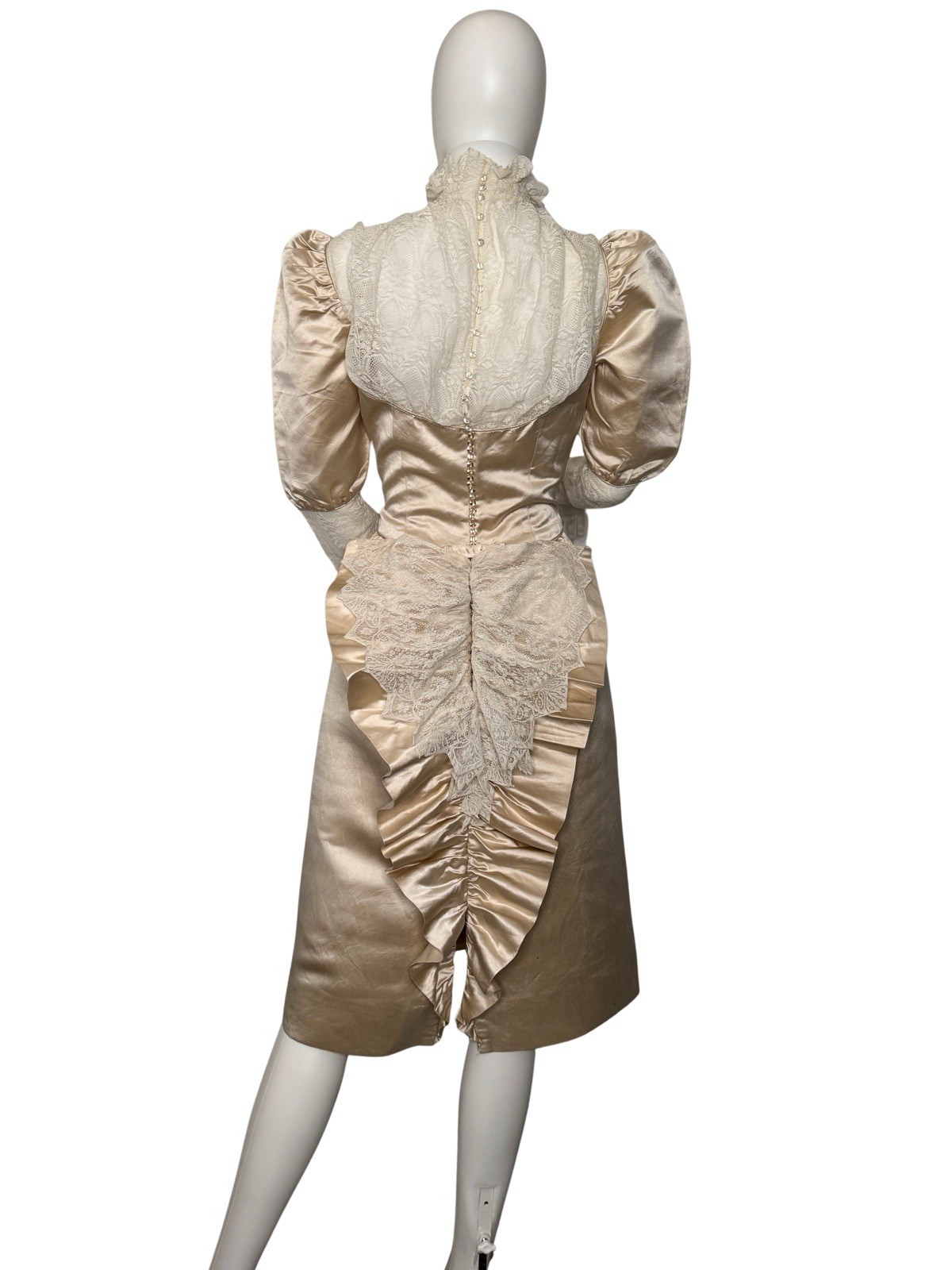 Vintage Size S Victorian Revival Wedding Dress Champagne Satin Lace Bustle Back