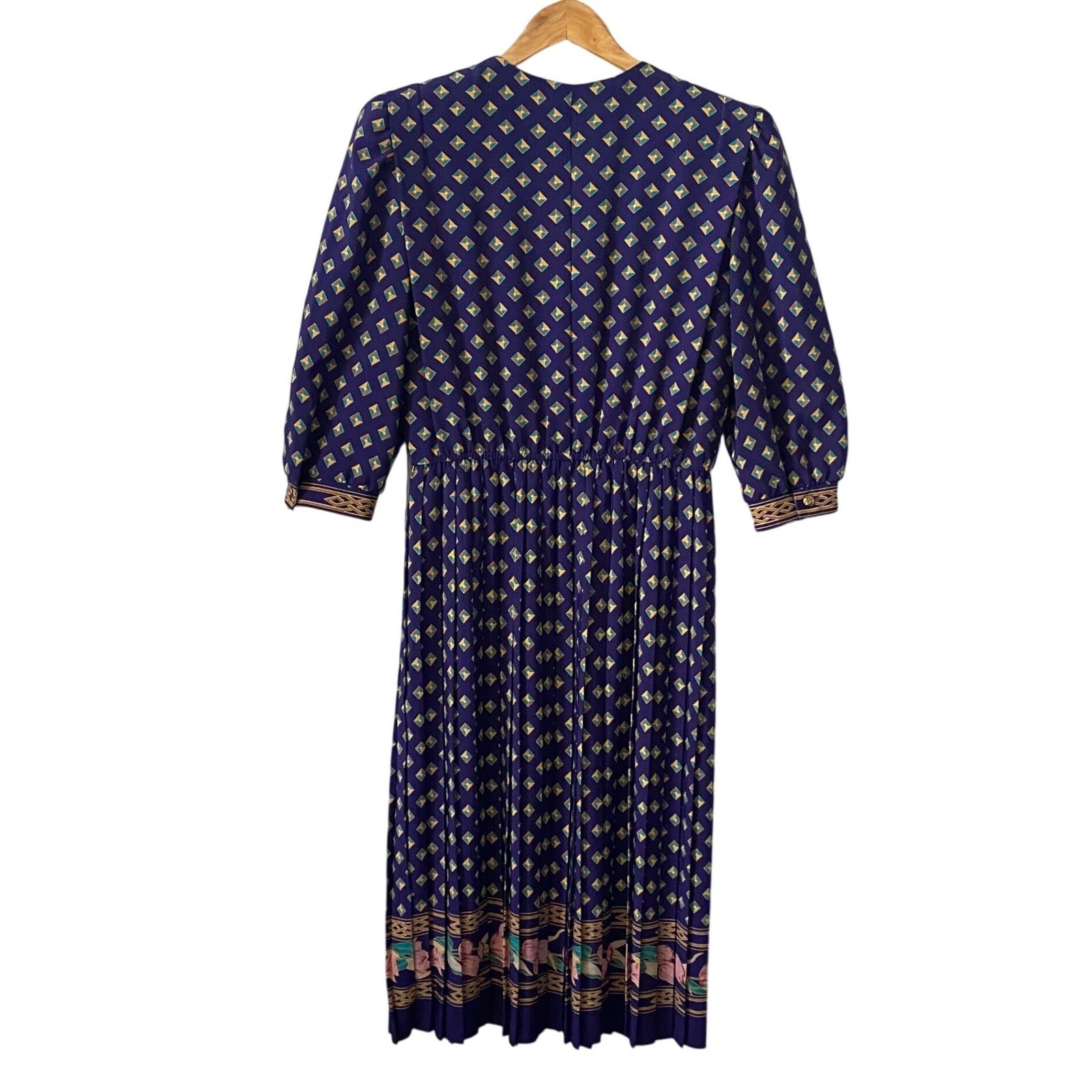 Lady Carol of New York Vintage 80s Purple Geometric Floral Pleated Midi Dress
