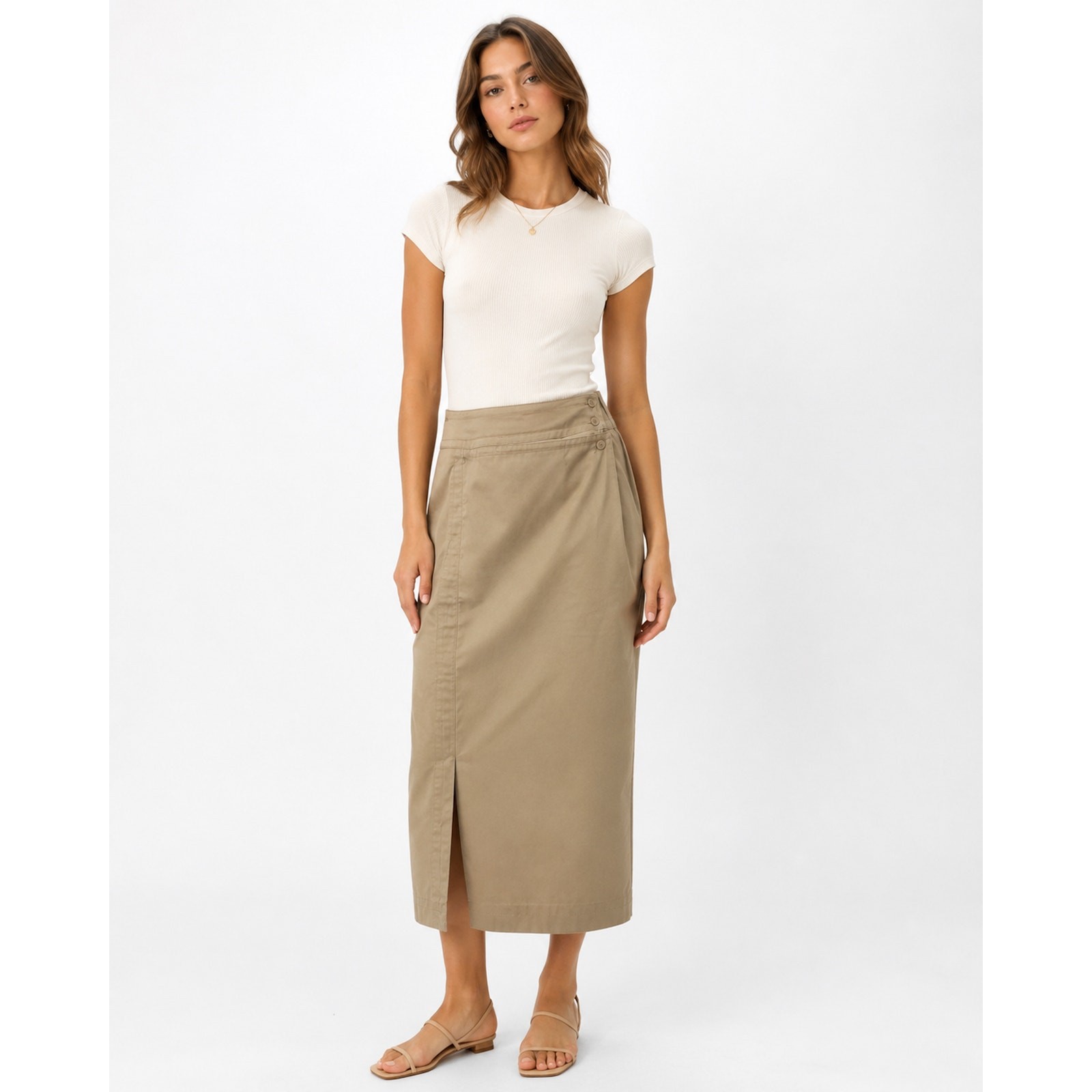 Vintage 70s Giorgio Sant’Angelo Khaki Midi Skirt – Safari Style Minimalist Lines