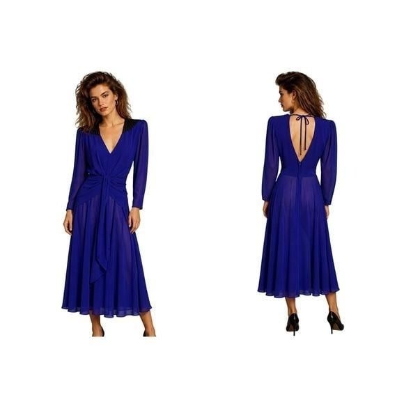 Vintage 1982 Casadei Eletra Royal Blue Beaded Shoulder Open Back Midi Dress