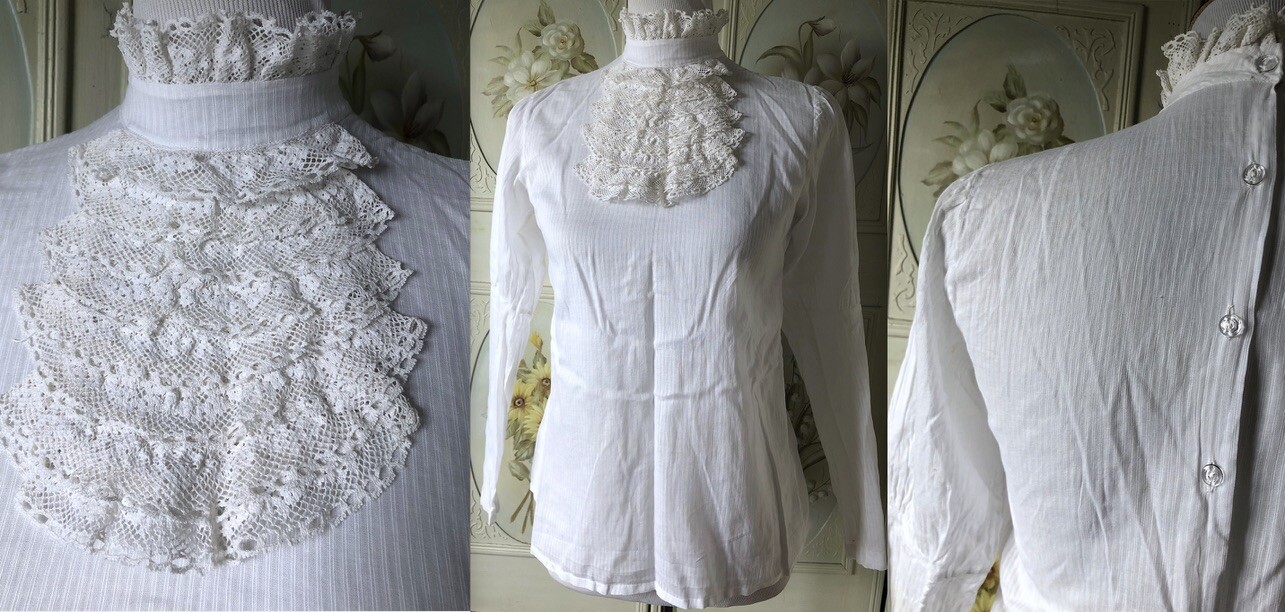 VTG VICTORIAN STYLE ANTIQUE? WHITE 100% COTTON BLOUSE TOP PUFF SLEEVES LACE EUC
