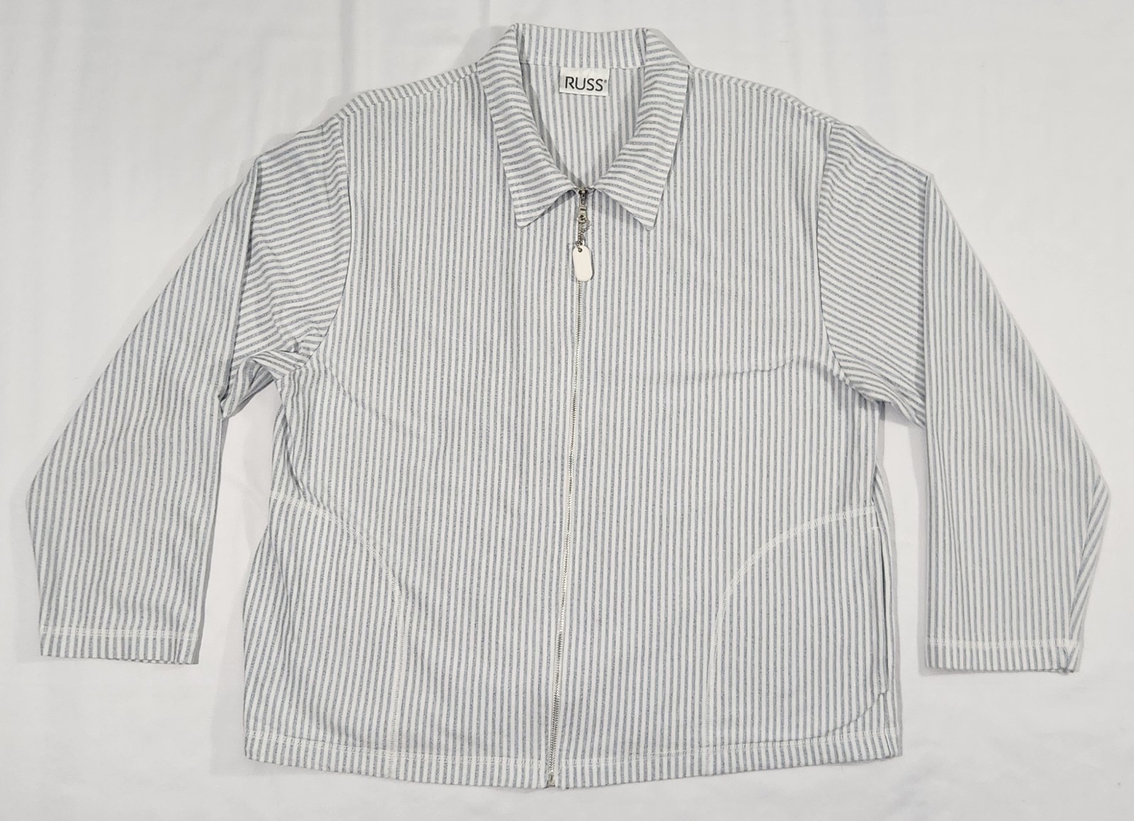 Vtg Russ Zip Up Long Sleeve Collared Shirt Jacket Blue Striped Linen Blend 22×26