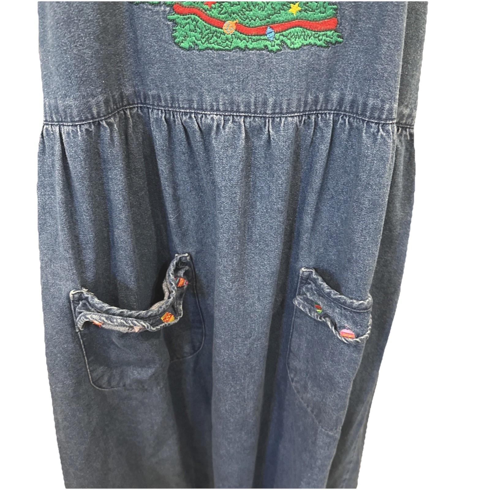 VTG Westbound Denim Christmas Holiday Embroidered Pockets Maxi Jumper Dress XL