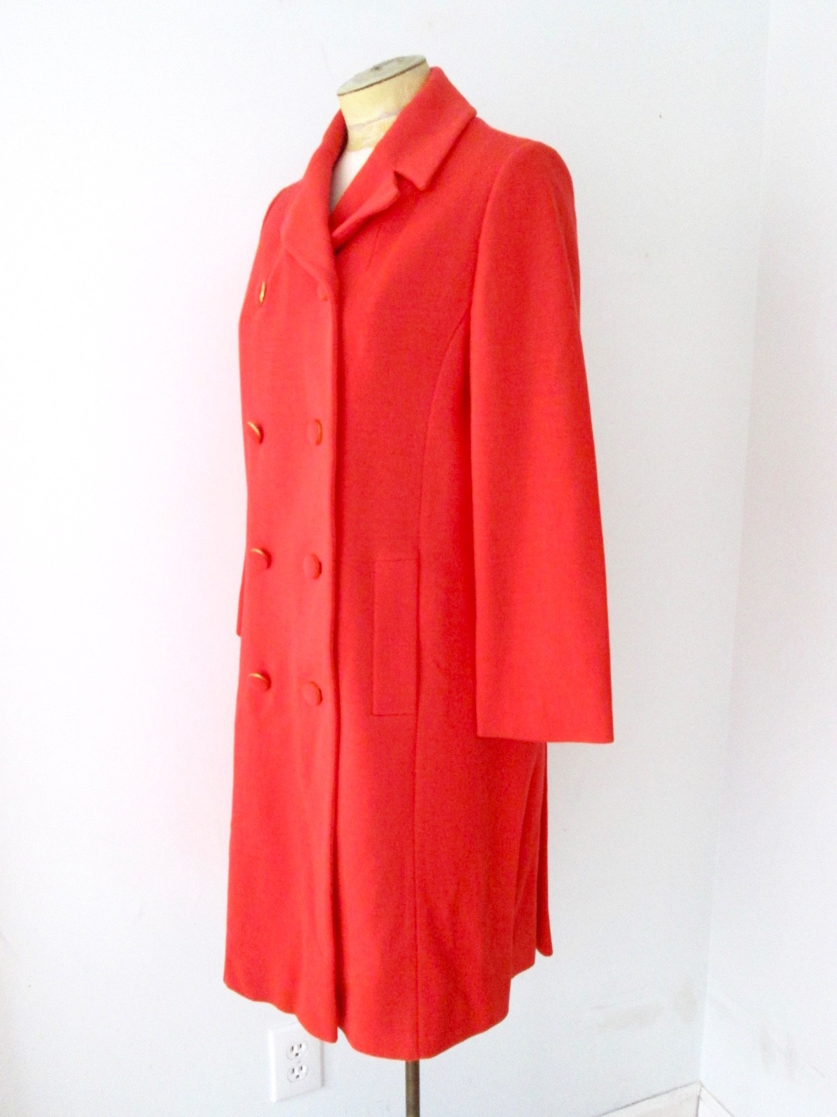 VGC Vtg 60s Mod Tomato Red Wool Knit Double Breasted Military Coat Back Belt S/M