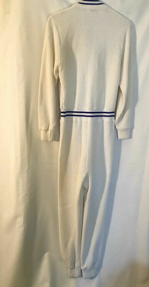 Neiman Marcus Vtg 80s one piece white and navy acrylic zipper sweater jumpsuit S