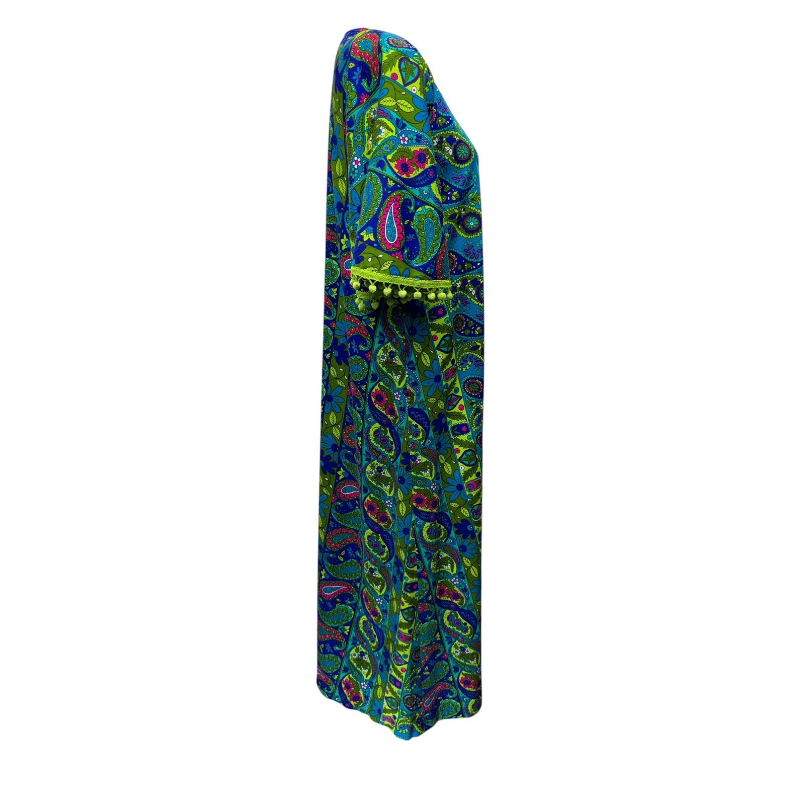 Vintage 60s Psychedelic Paisley Maxi Kaftan Dress Size S Blue Green Pom Pom Trim
