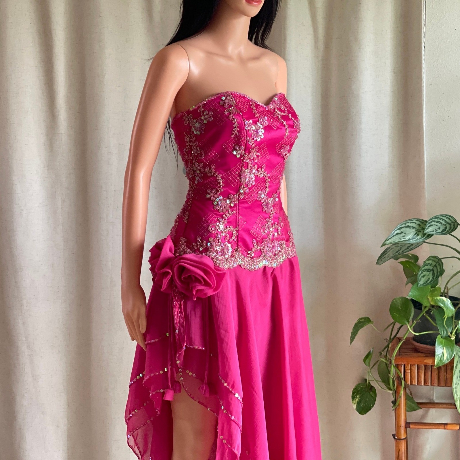 Vintage Y2K Handmade Fuchsia Pink Beaded Fairycore Strapless Prom Dress Gown S