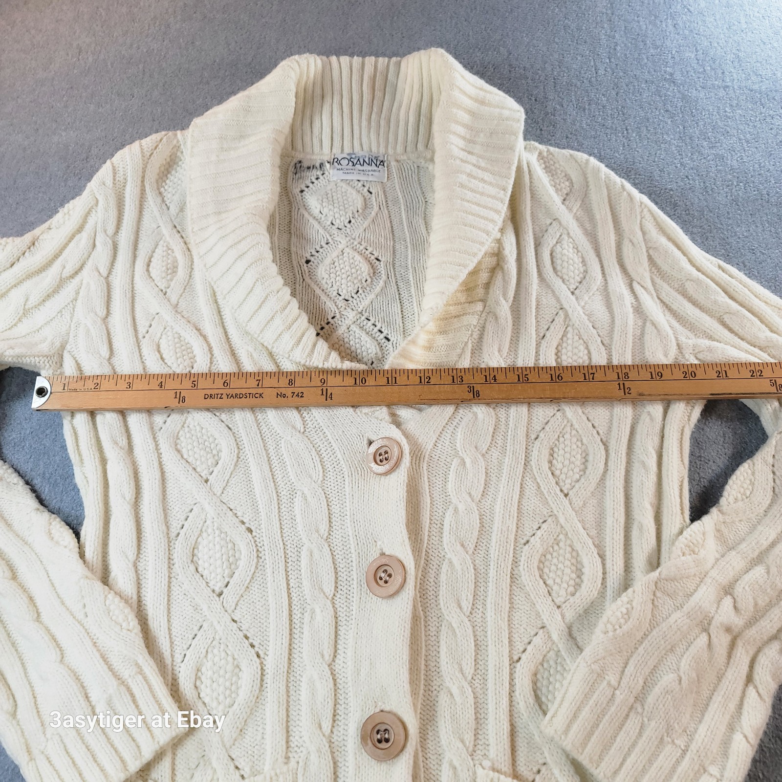 Vintage 70s 80s Rosanna Cream White Sweater Shawl Collar Cardigan Wood Buttons M