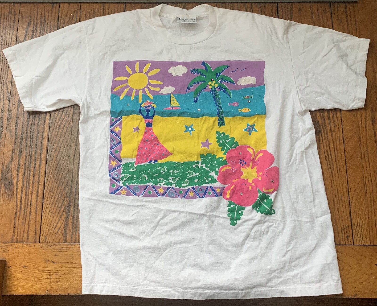 Vintage Palm Springs Yacht Club T Shirt Colorful Tropical Graphic Tee One Size