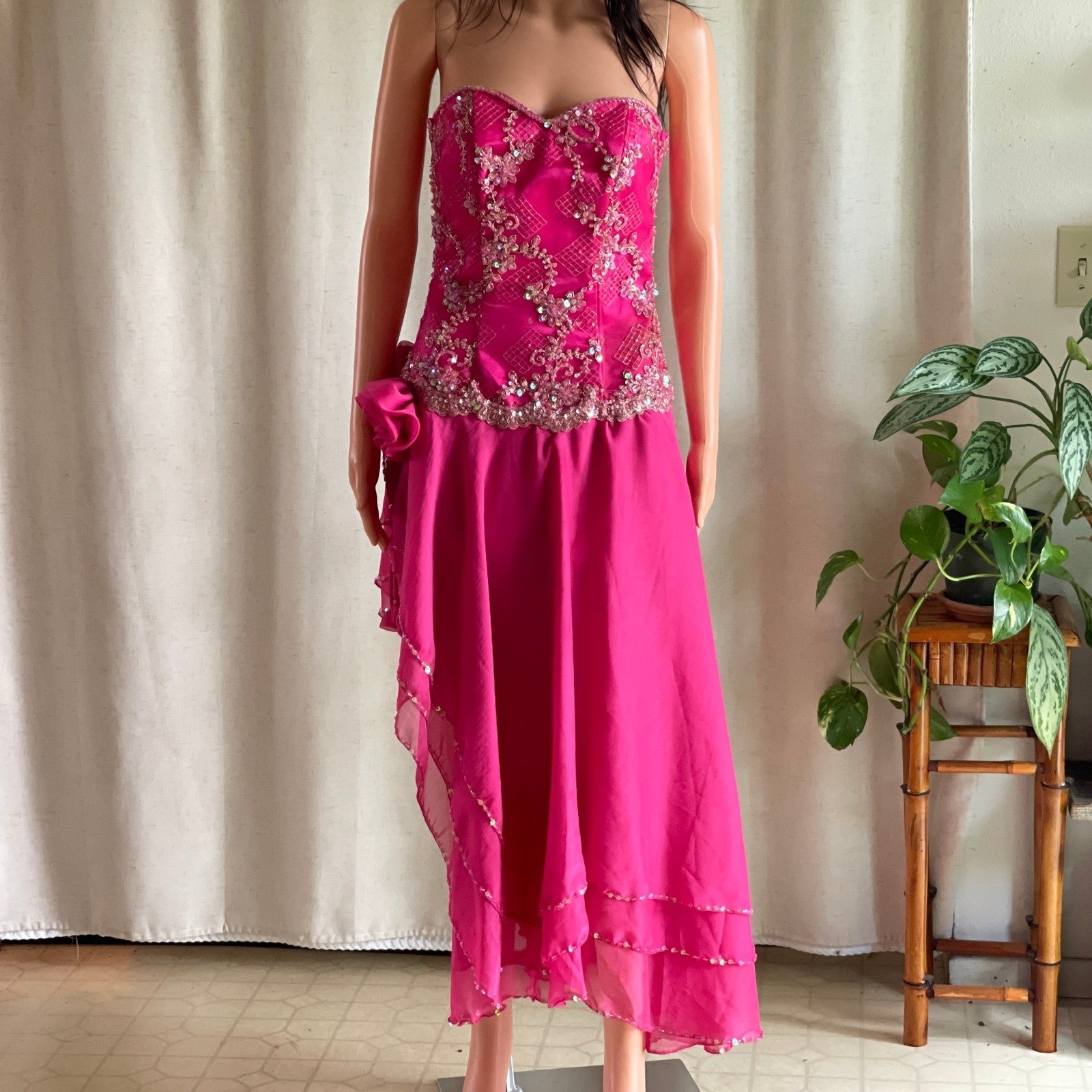 Vintage Y2K Handmade Fuchsia Pink Beaded Fairycore Strapless Prom Dress Gown S