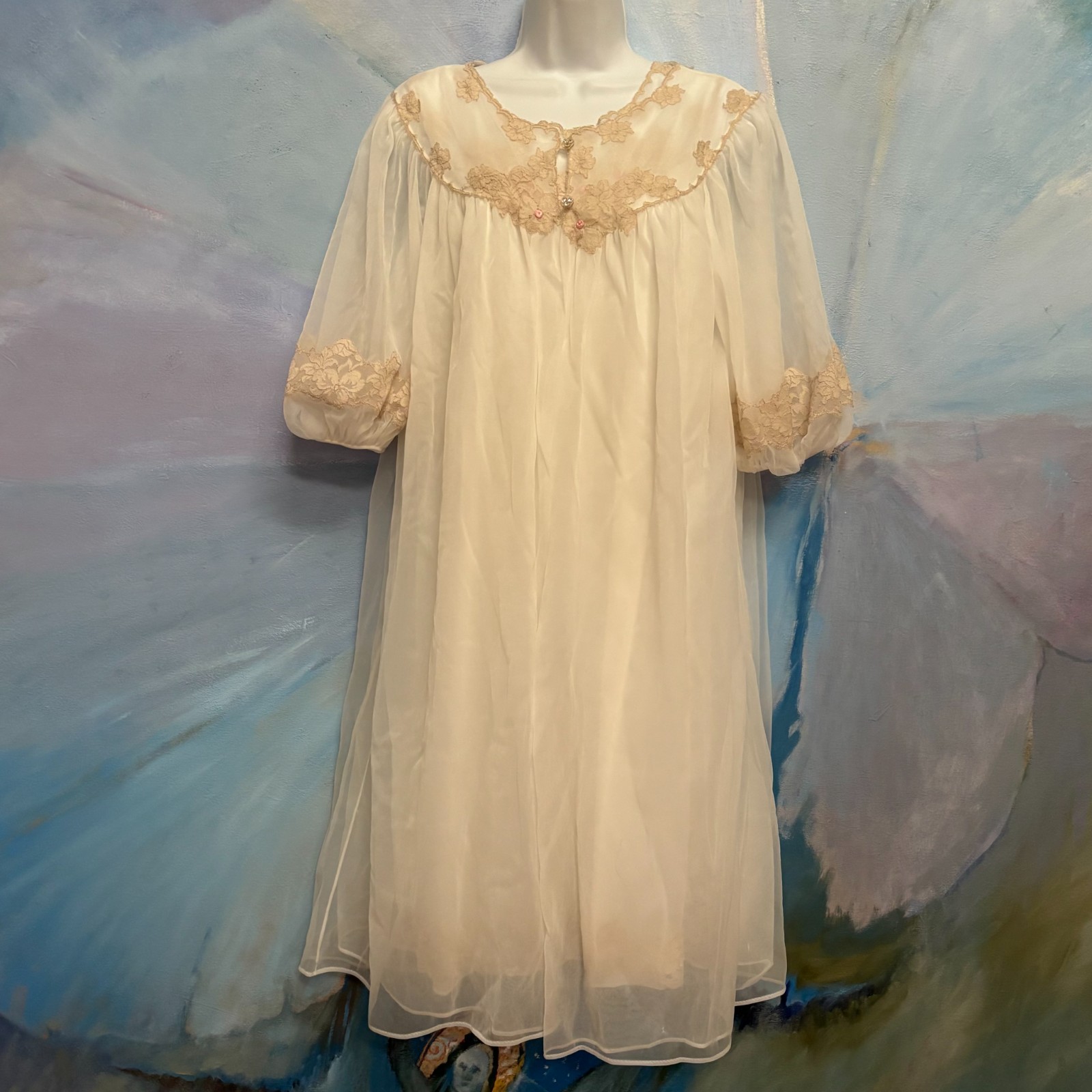 Vtg Winter White/Ivory Double Chiffon Peignoir Set Lace Nightgown&Robe S USA