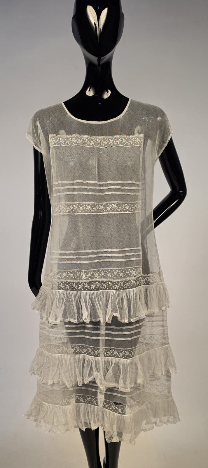 SWEET FLAPPER 1920’S NET + LACE INSERT DRESS W RUFFLE TRIMMED BOTTOM SKIRT