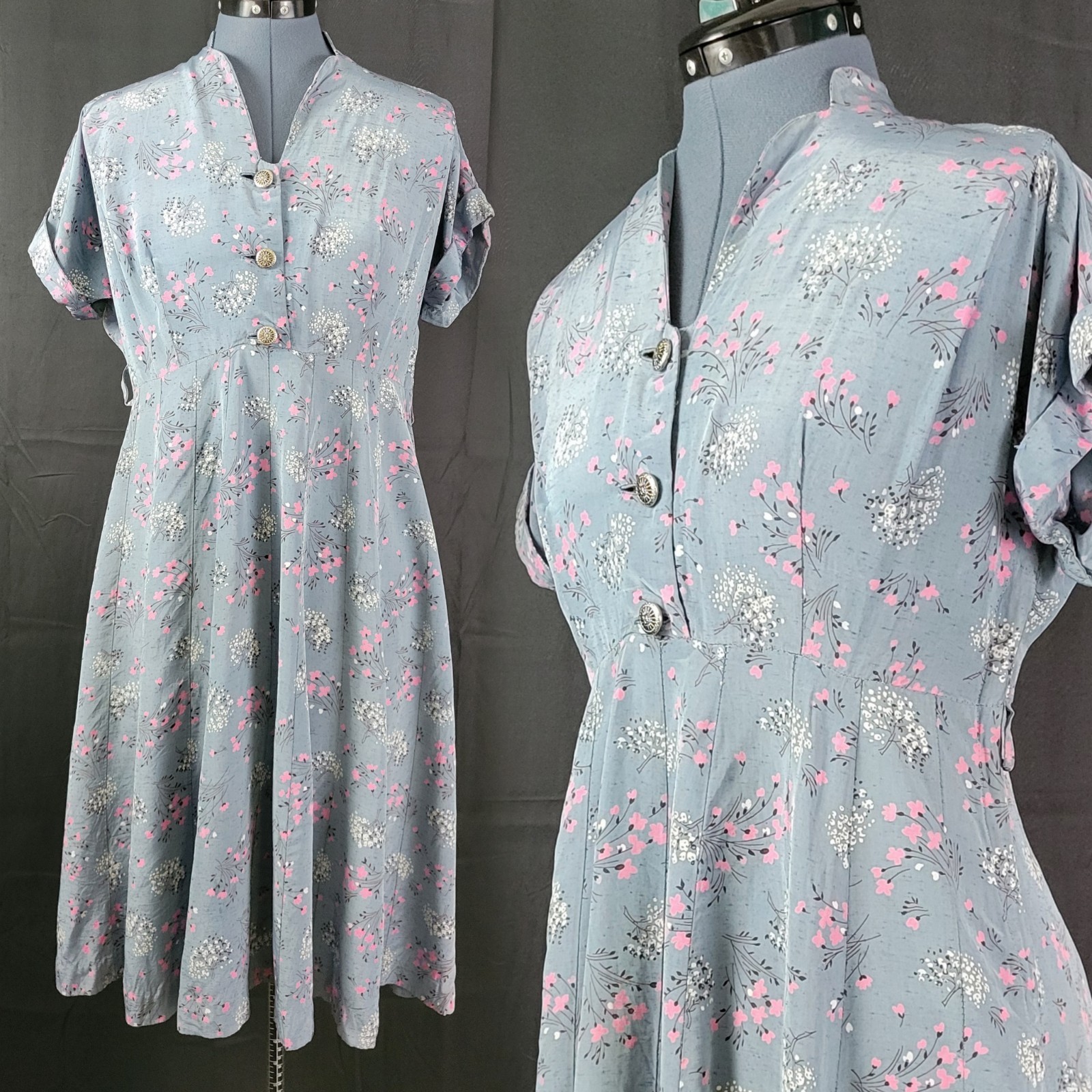 Vintage Handmade Grey w Pink & White Floral Silk Dress Size S/M?