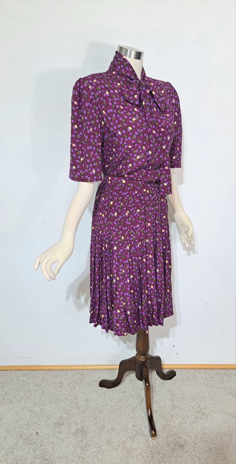 Vintage 1980s Jean-Louis Scherrer Boutique 2-Pc Dress Purple Silk Sz 42 Bow