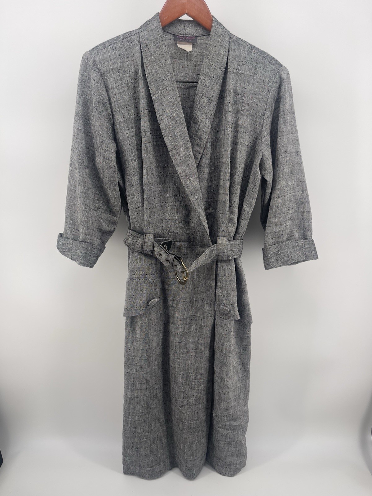 Vtg Tina Barrie Belted Dress Women Size 14 Gray Midi USA Secretary Style