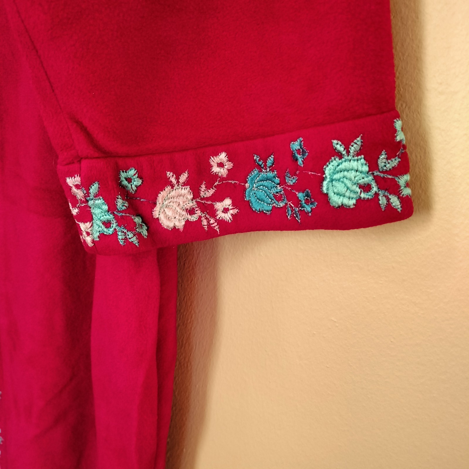 Evelyn Pearson Red Vintage Zip Floral Embroidery House Coat Robe S Golden Girls