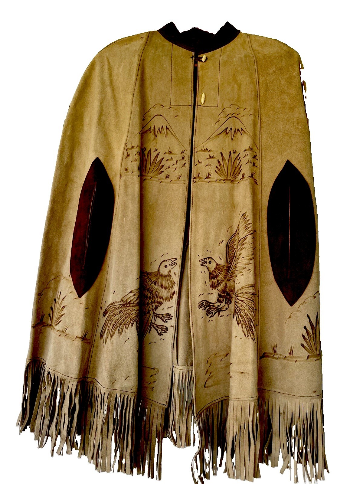 Mexican Suede Poncho 1970’s. Great Art Work. Never Worn Or Very Little Brown