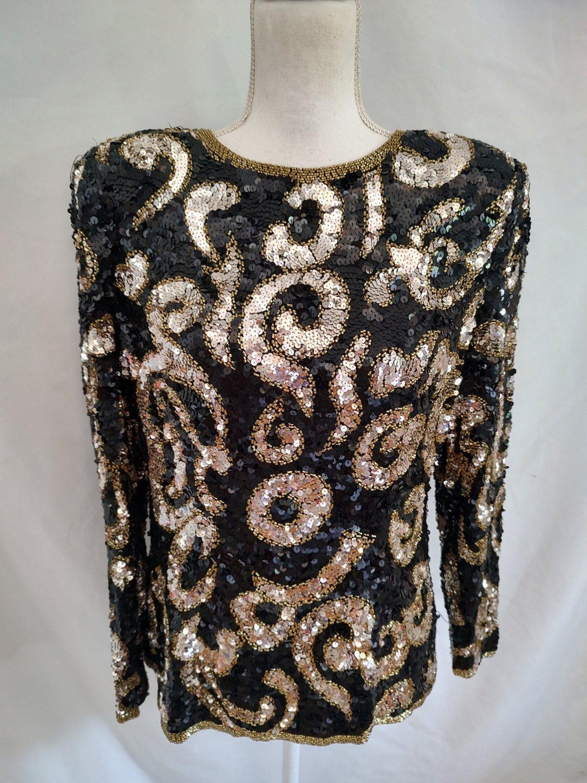 90’s Vintage Joan Leslie Sequin Top Blouse Sparkle Long Sleeve Black Sz 10
