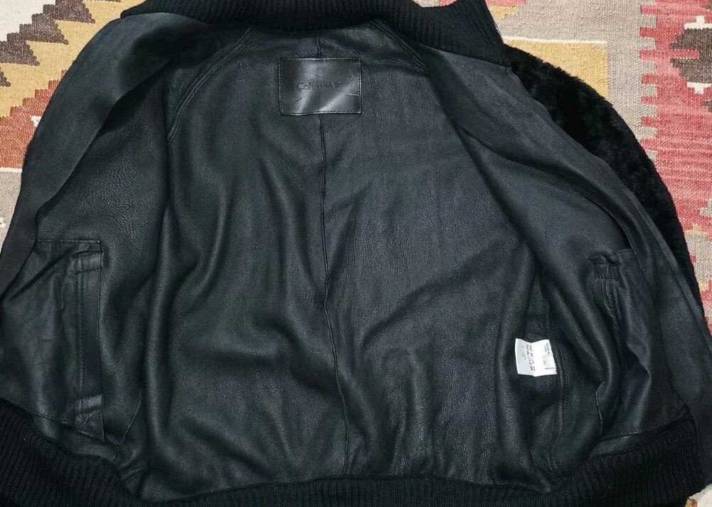 🔥 VTG Calvin Klein Europe Italian Real Fur Leather Black Bomber Jacket 10/Large