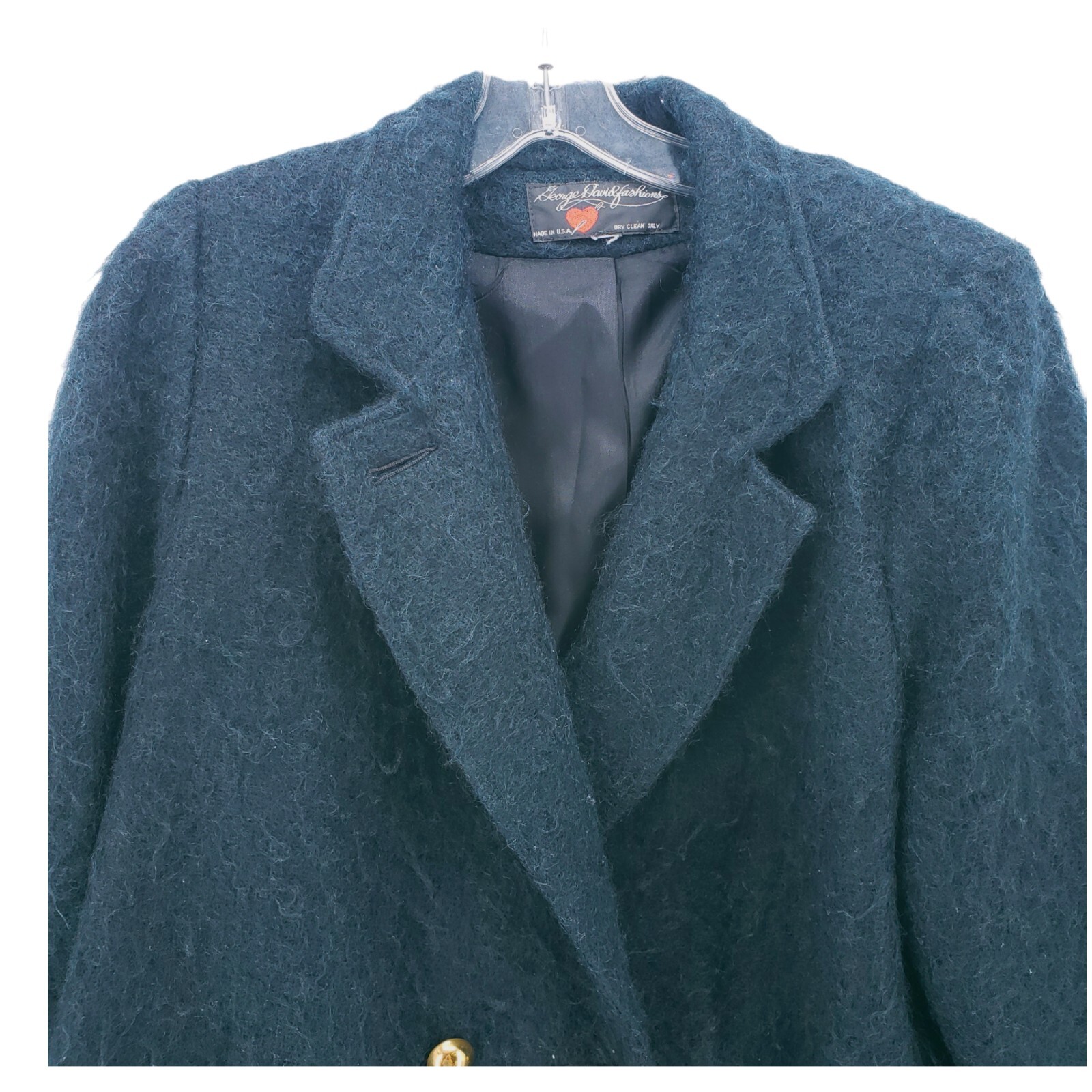 Vintage Dark Teal Blue Fuzzy Mohair Jacket Coat George David Fashion USA L/XL