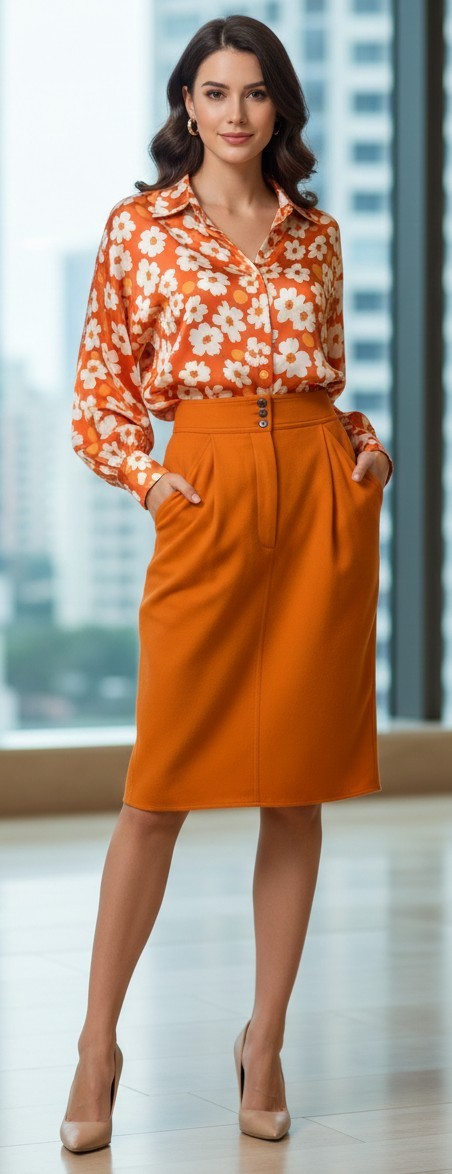 Vintage Charles Jourdan Paris Orange Wool Pencil Skirt Pockets 36 XS