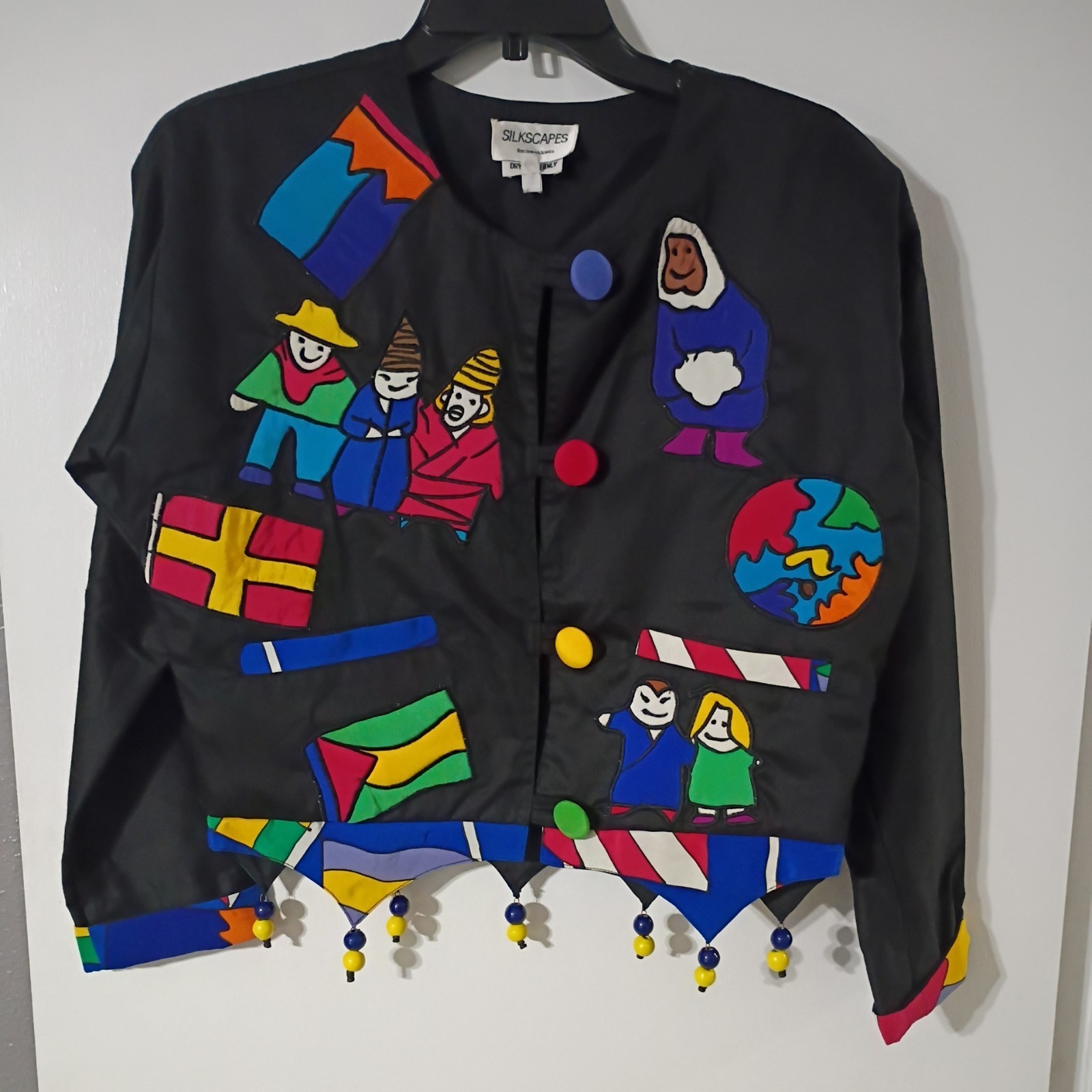 Vintage SilkScapes World Peace Art Jacket Short Beaded Size Measured in Picture