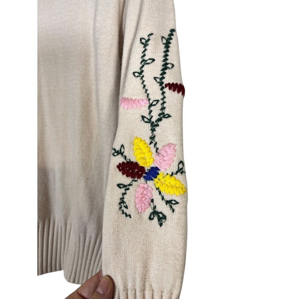 Retro Floral Embroidery Sweater Cream S Boho Western Hippie Chic Preppy 80s
