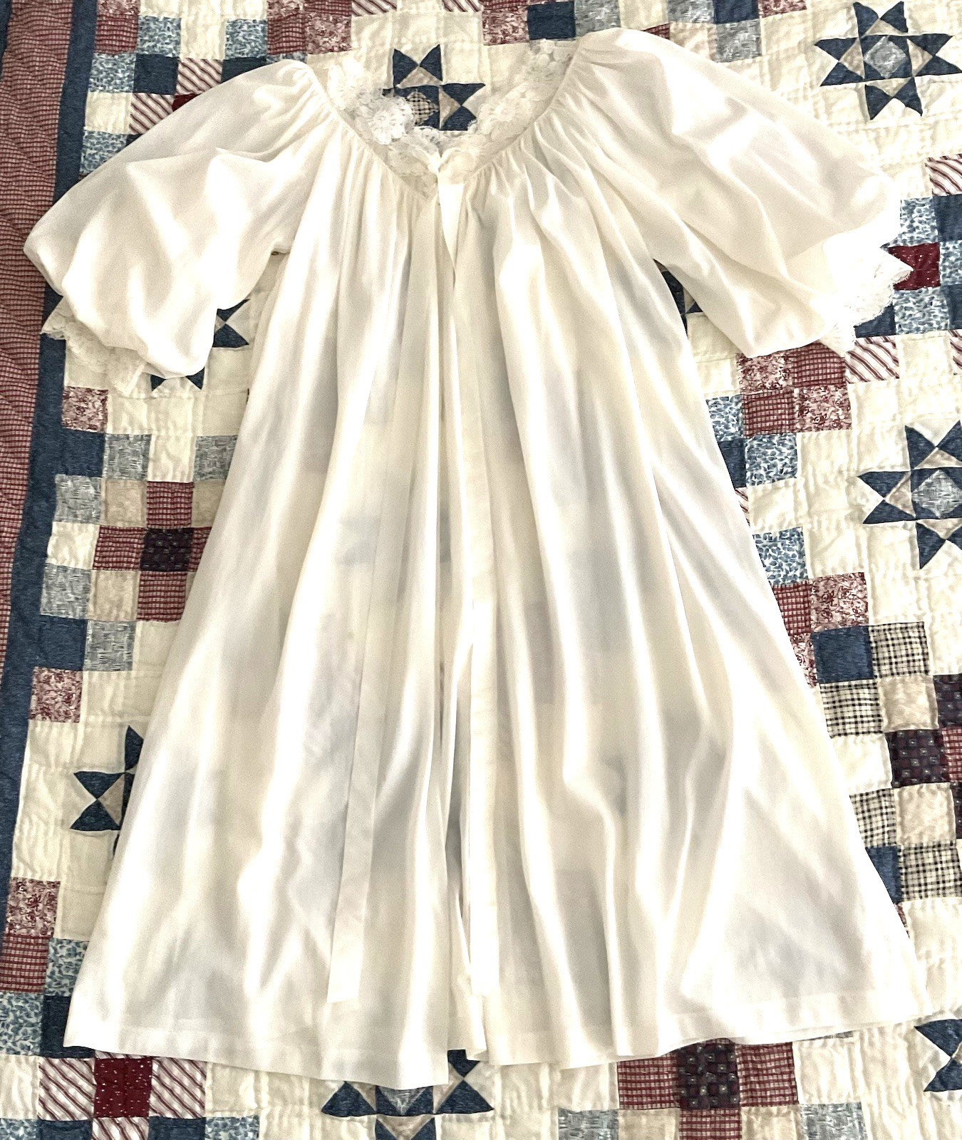 1963 SANS SOUCI White Peignoir Robe Double Chiffon Sleeves Lace Cuff Tie Front-S
