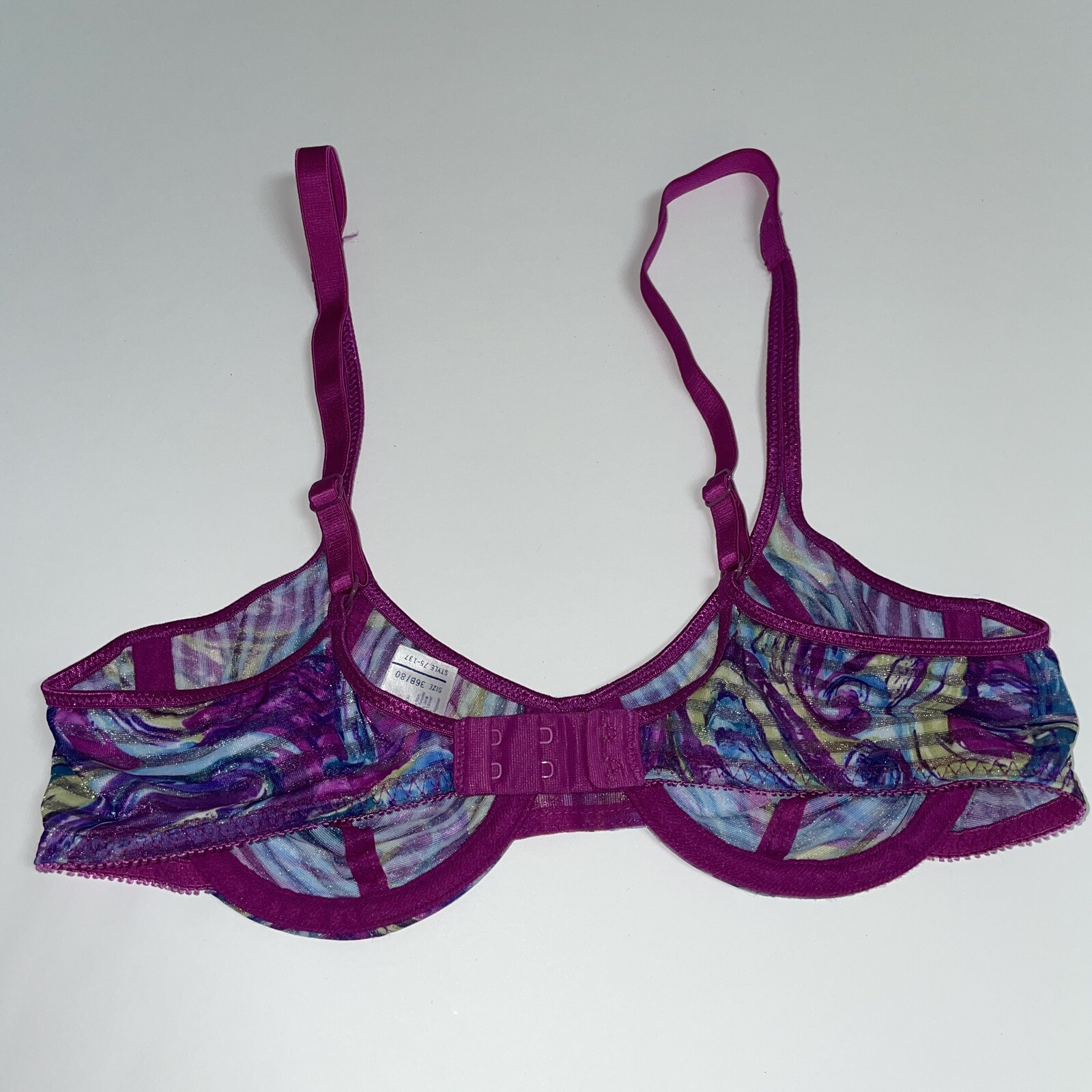 Vtg VASSARETTE Bra 36B Nylon Purple Semi Sheer Underwire Shimmer Floral 75-137