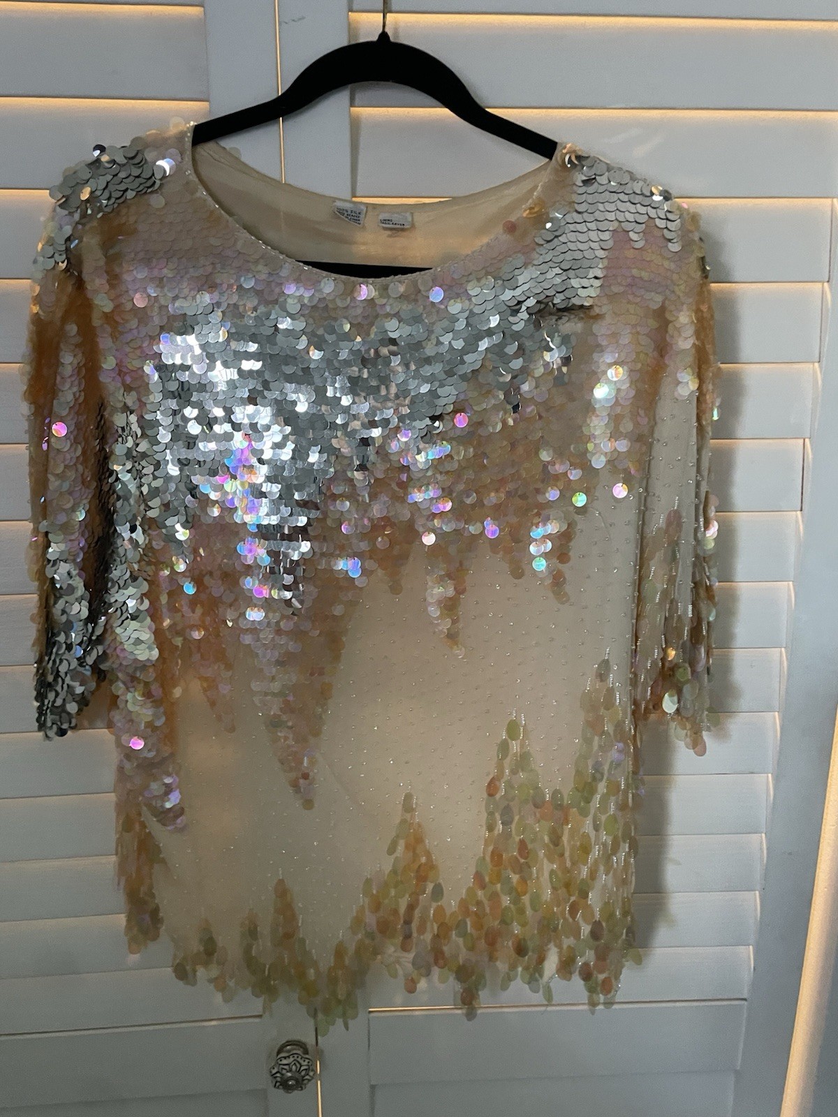 Vintage 8O’s Sequin Top Silver Mermaid Mirrored Sequin Silk And beading Pretty
