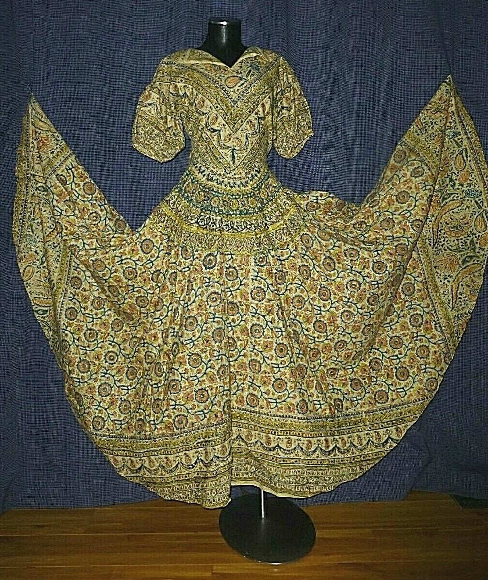 Vtg 50s INDIA Block Print Cotton Ethnic Hippie Boho Gypsy Full Skirt maxi Dress